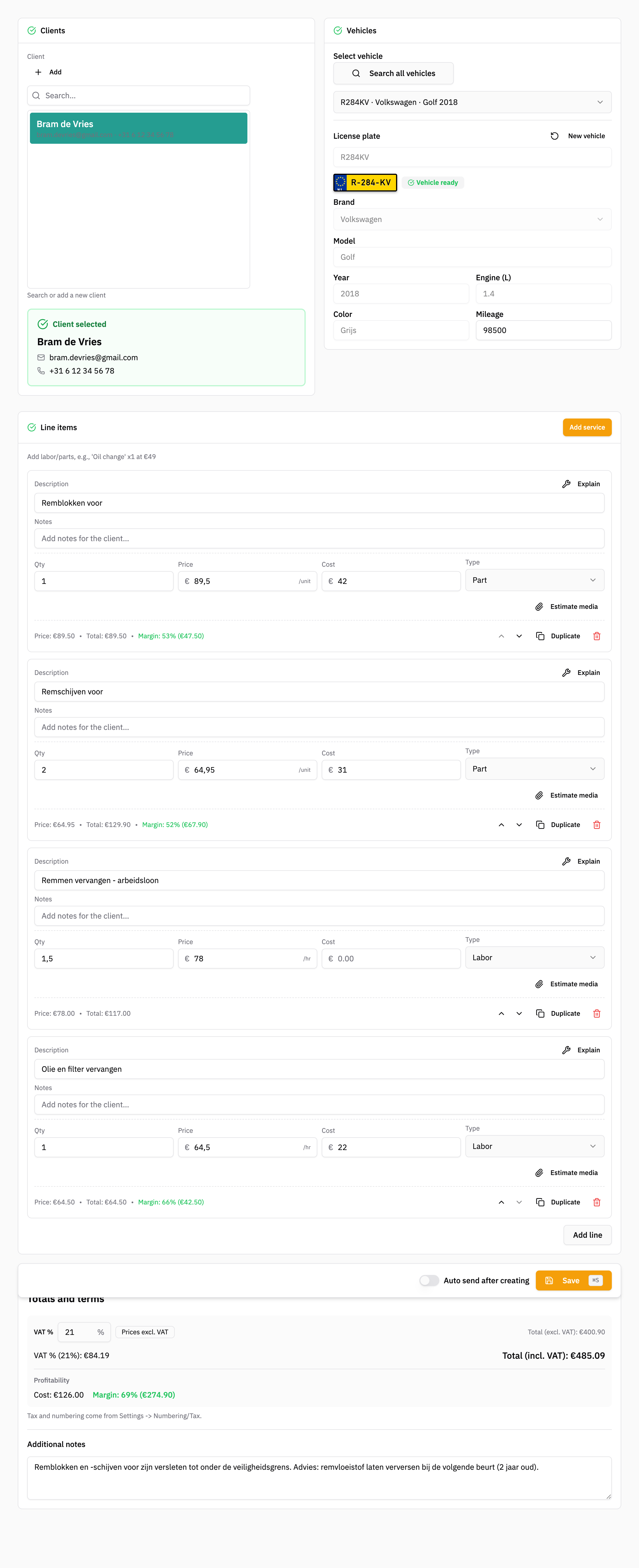 Nieuwe offerte maken in Listo op desktop: klant, voertuig en regels