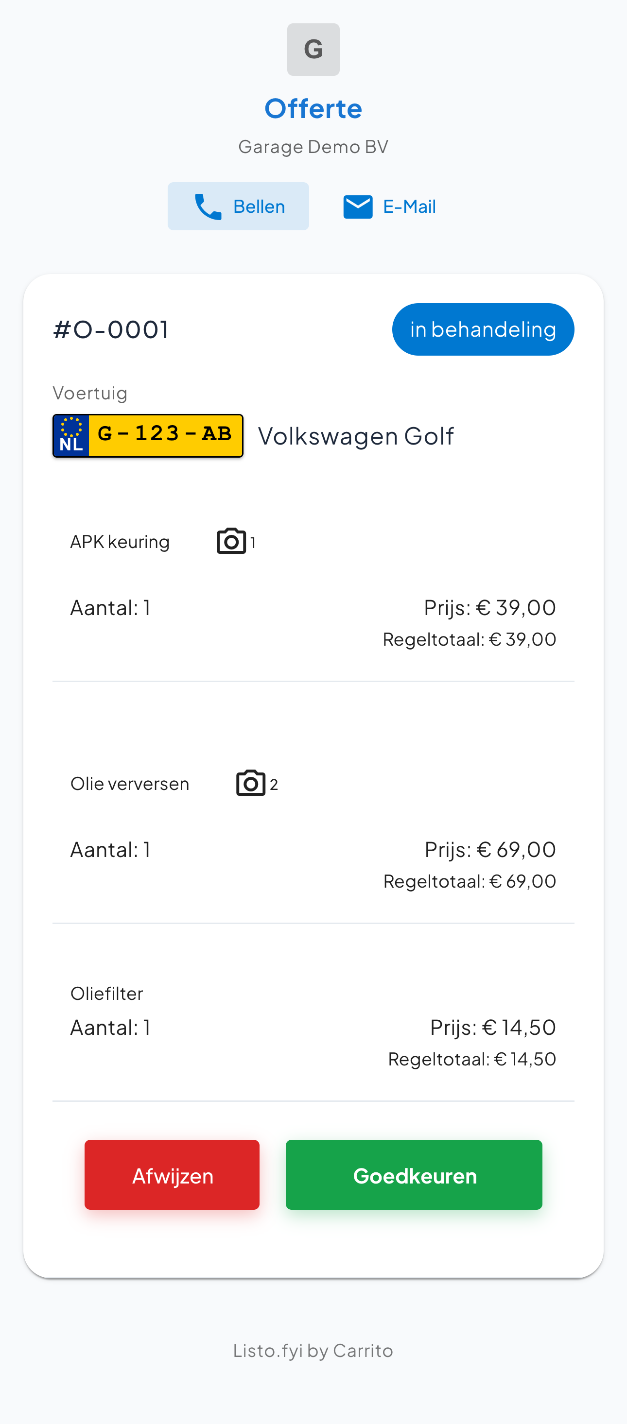 De offerte zoals de klant hem op zijn telefoon ziet, met afwijzen en goedkeuren
