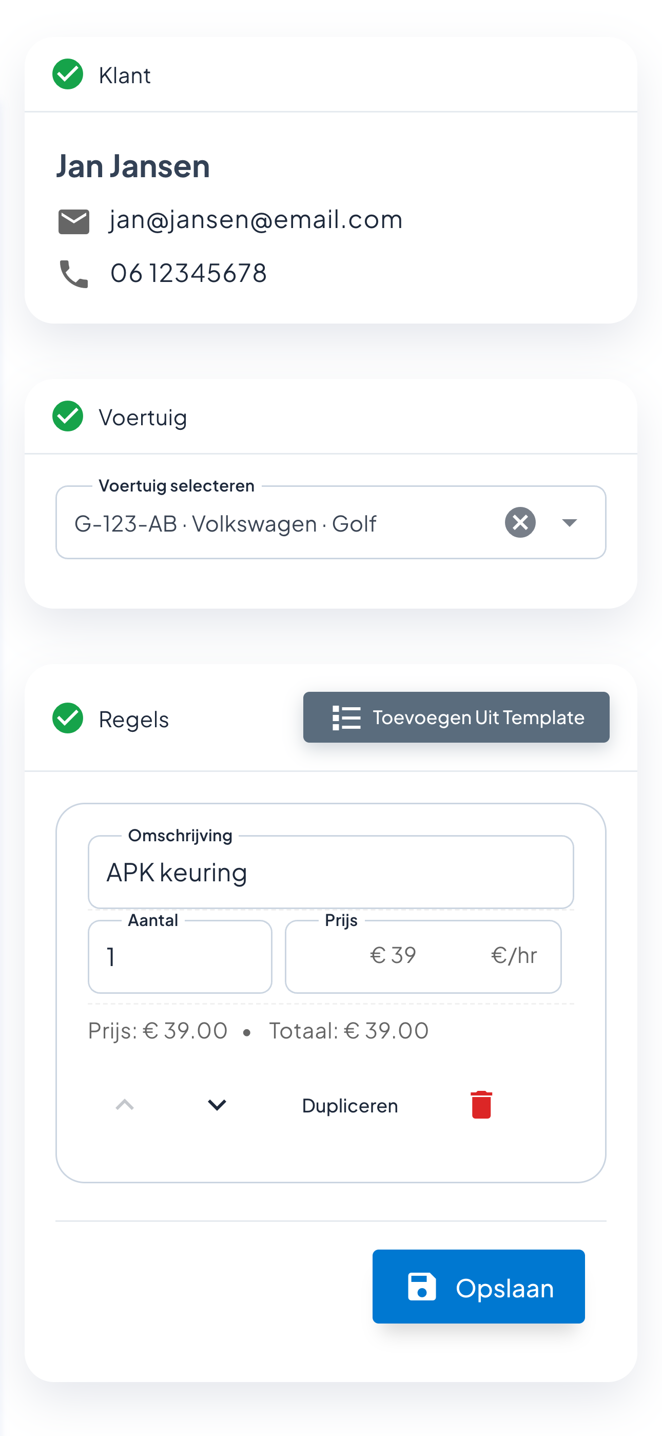Offerte maken op de telefoon, met klant, voertuig en regels